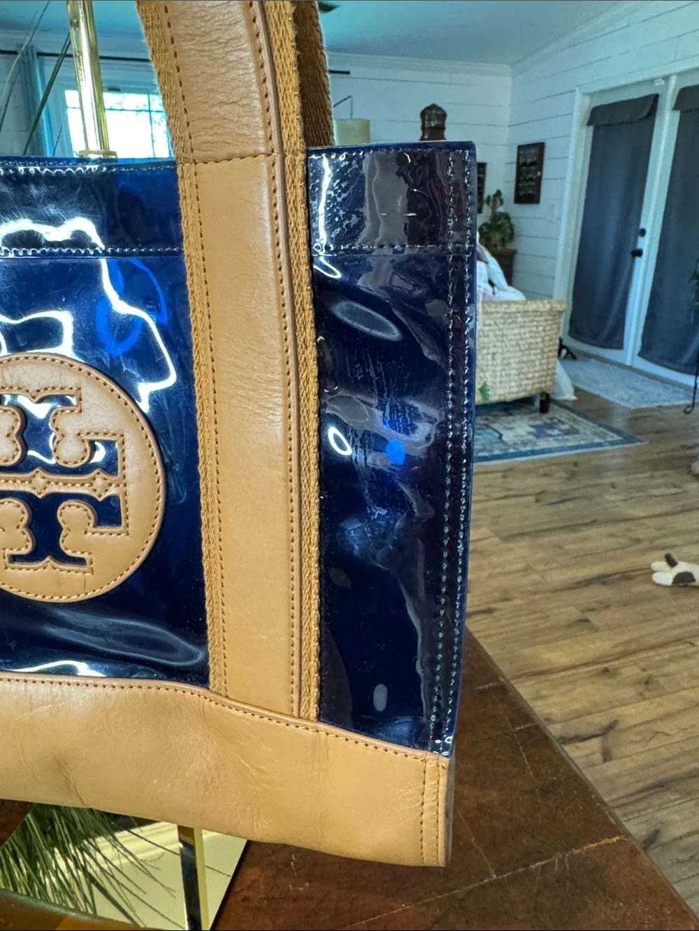 Tory Burch Navy PVC Tote with Tan Leather Trim